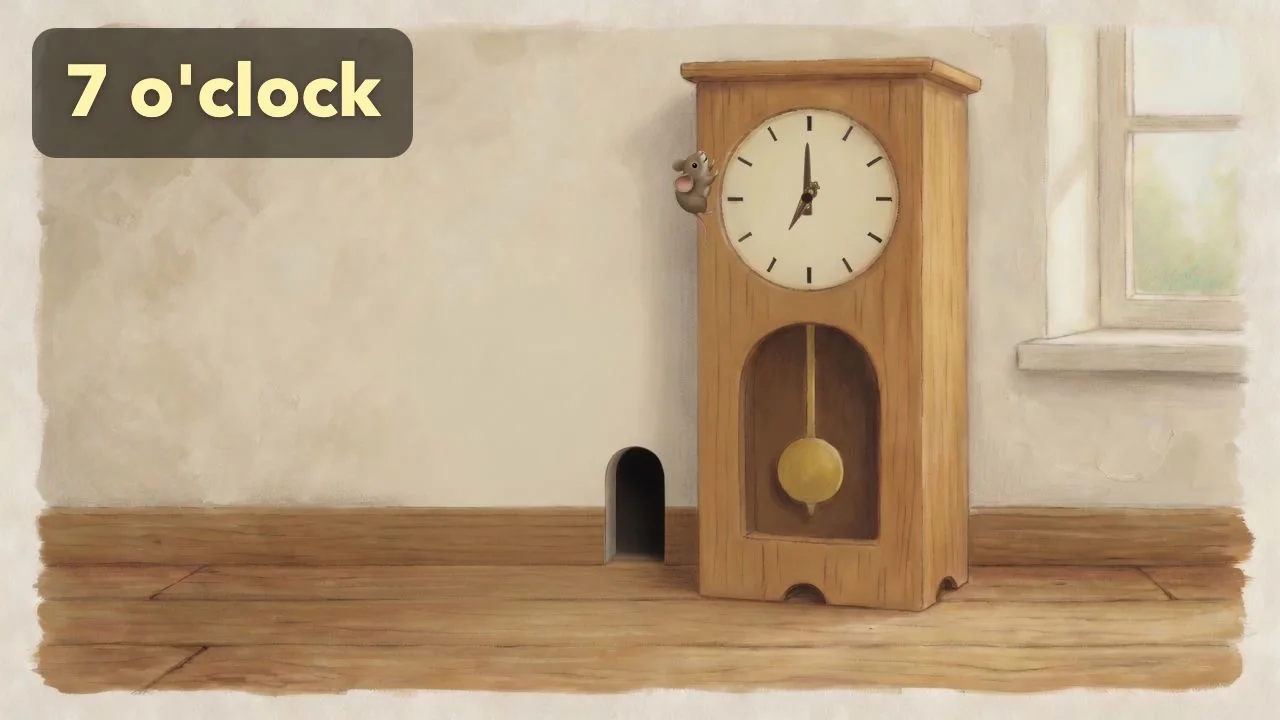 The mouse is beside the clock as it shows 7 o’clock.