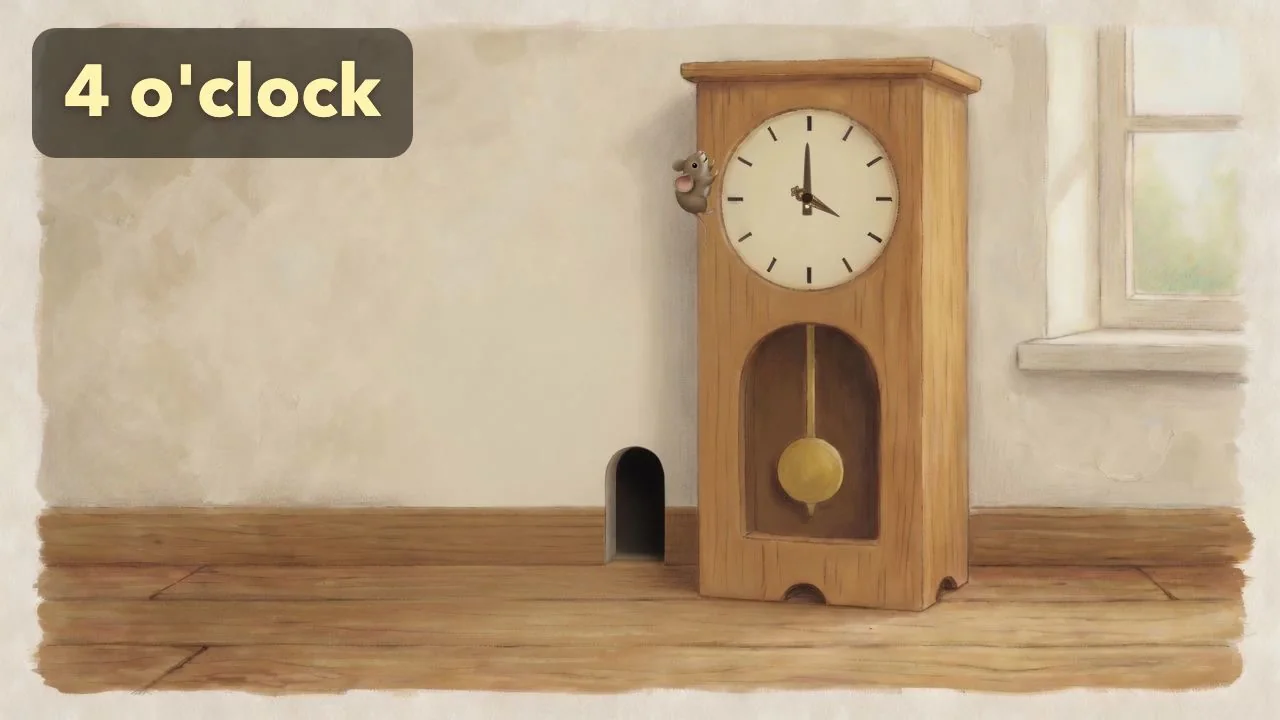 The mouse is beside the clock as it shows 4 o’clock.