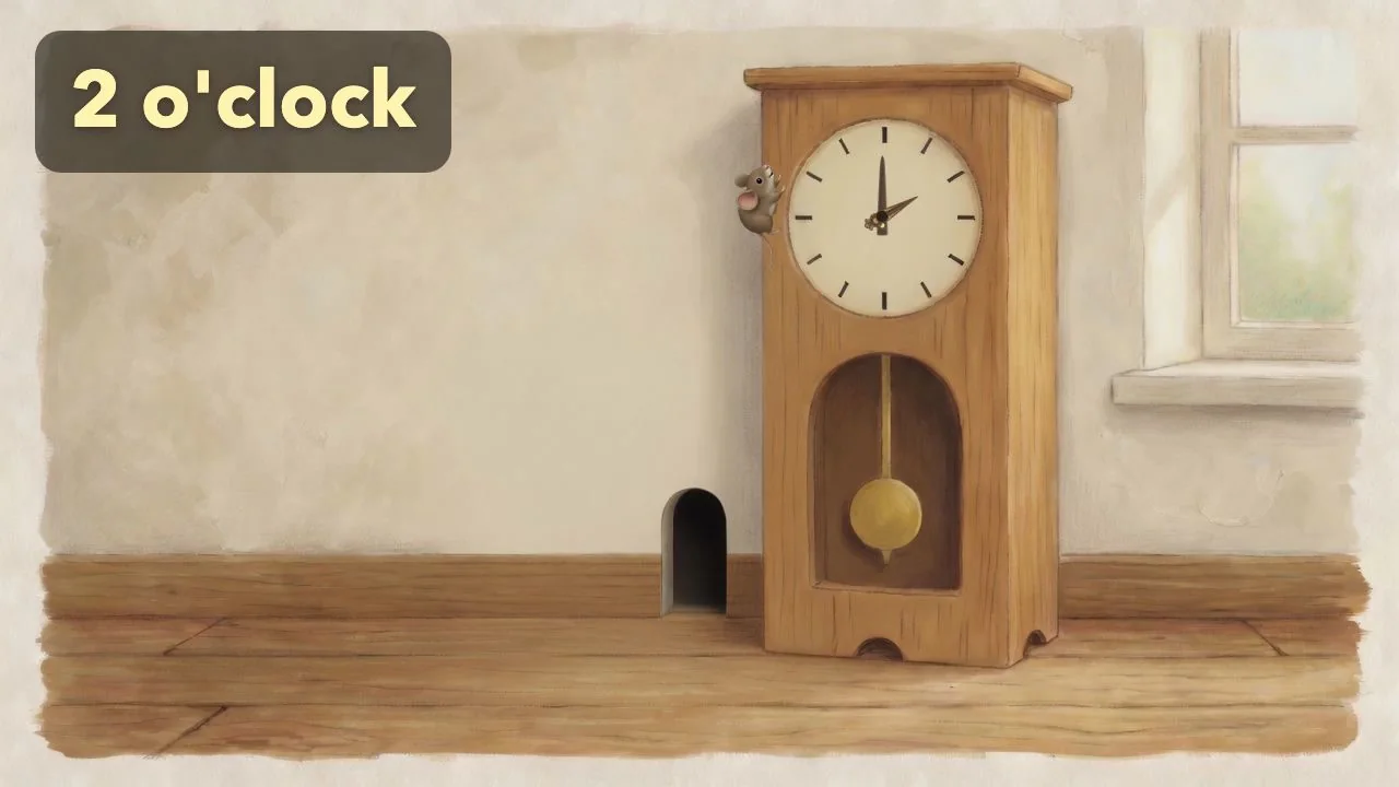 The mouse is beside the clock as it shows 2 o’clock.