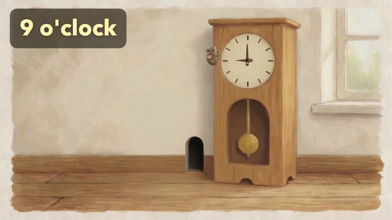 The mouse is beside the clock as it shows 9 o’clock.