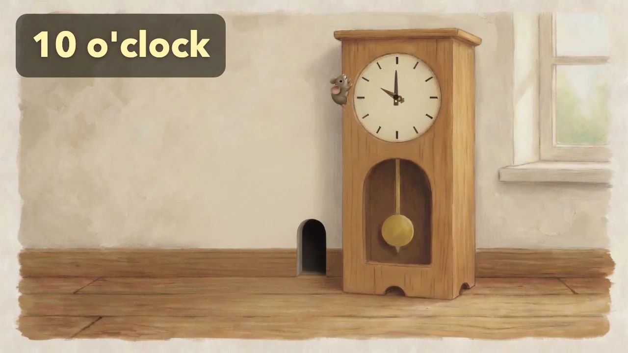 The mouse is beside the clock as it shows 10 o’clock.