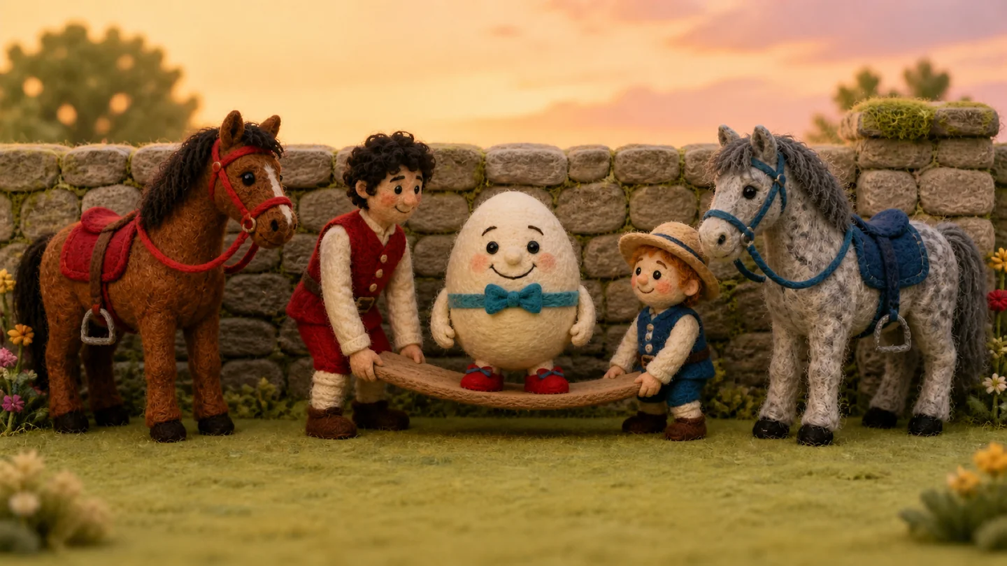 Humpty Dumpty and his helpers beside the wall.