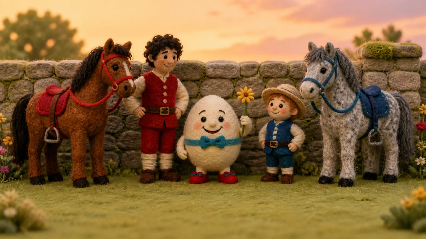 Humpty Dumpty and his helpers beside the wall.