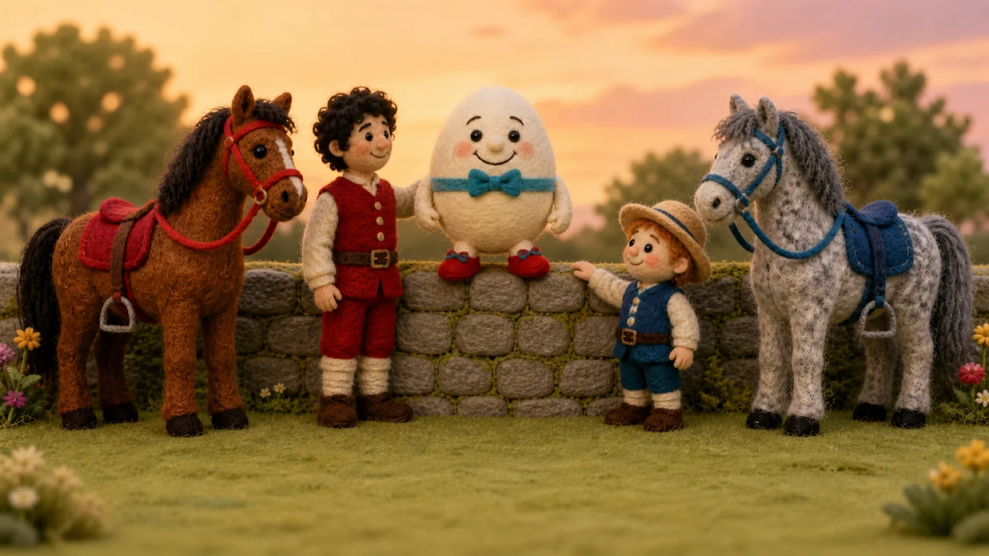 Humpty Dumpty and his helpers beside the wall.