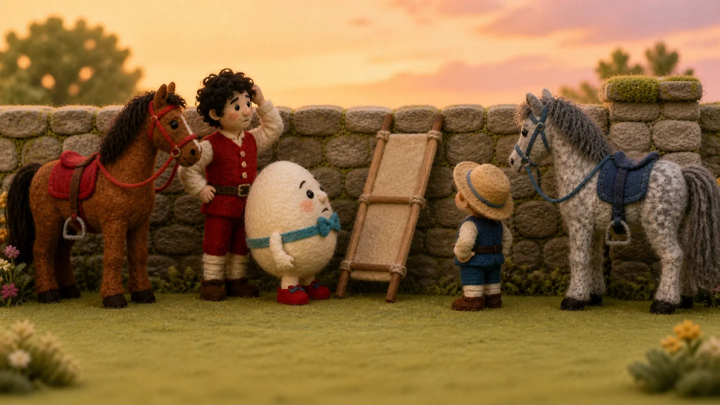 Humpty Dumpty and his helpers beside the wall.