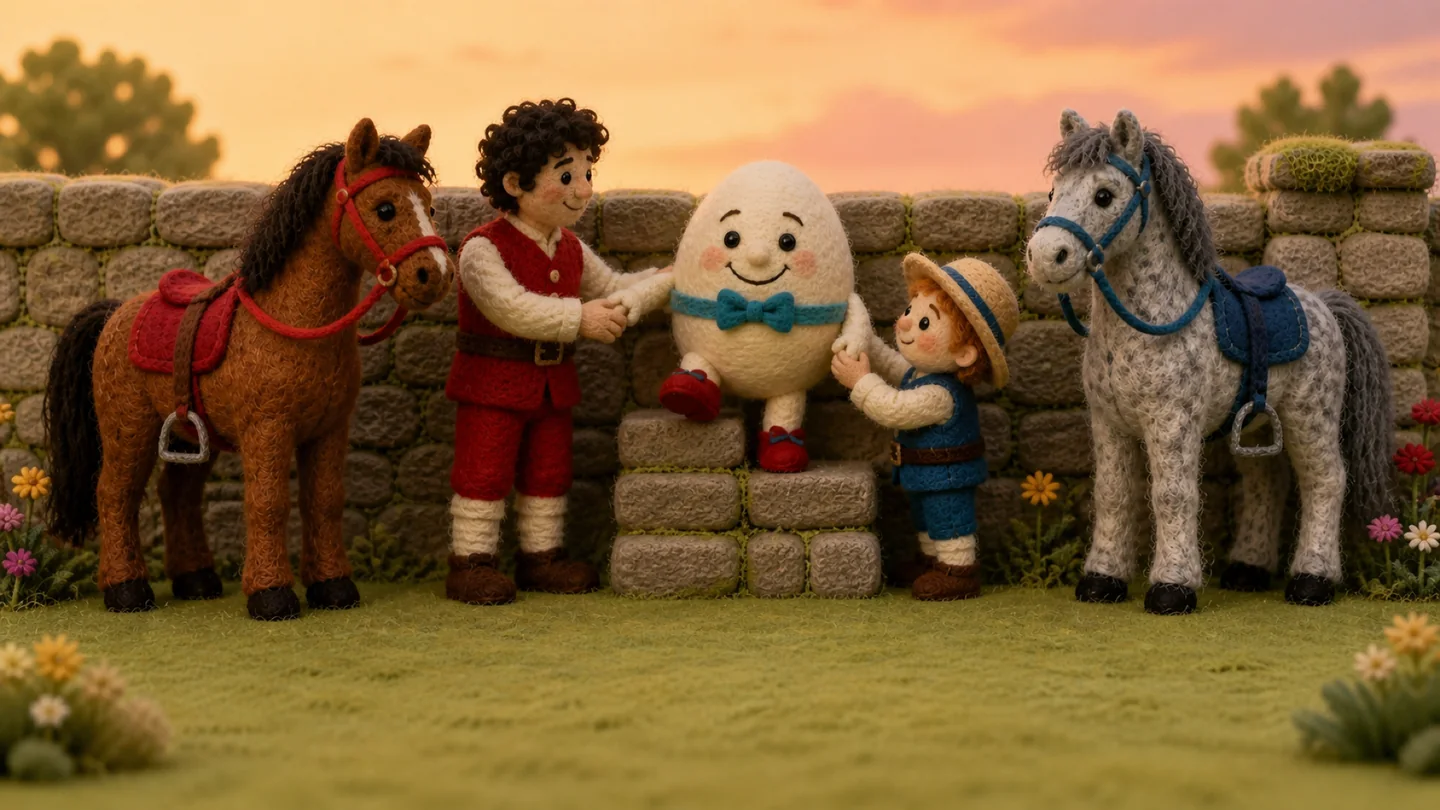 Humpty Dumpty and his helpers beside the wall.
