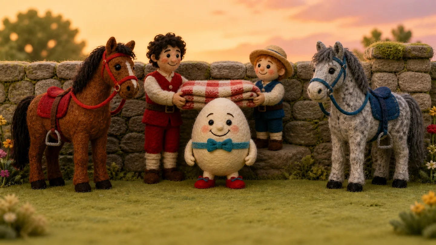 Humpty Dumpty and his helpers beside the wall.