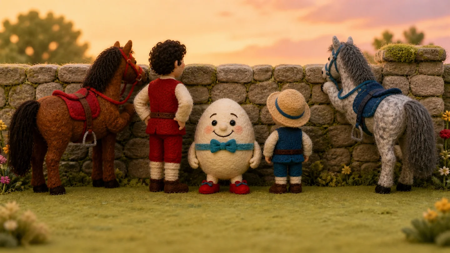 Humpty Dumpty and his helpers beside the wall.