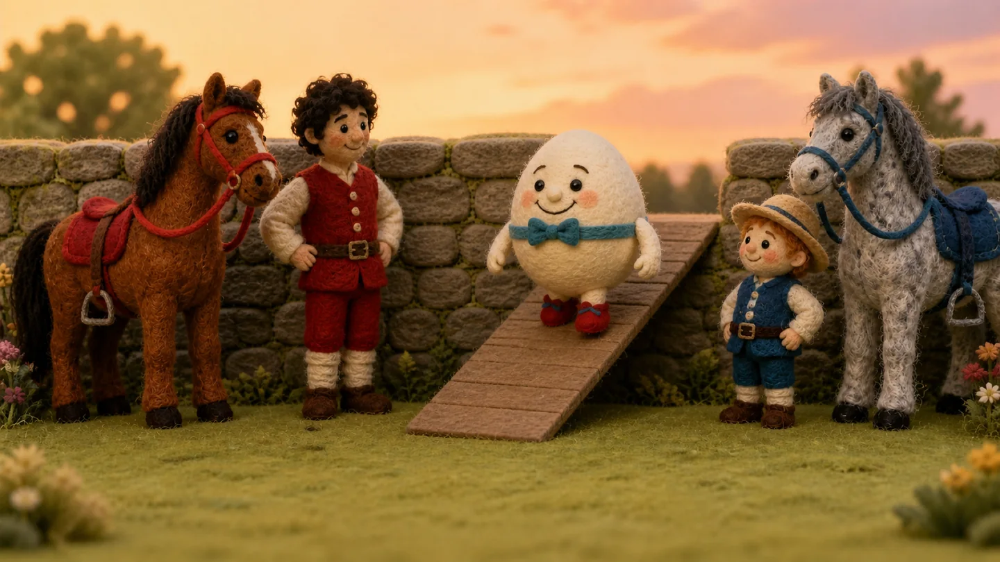 Humpty Dumpty and his helpers beside the wall.
