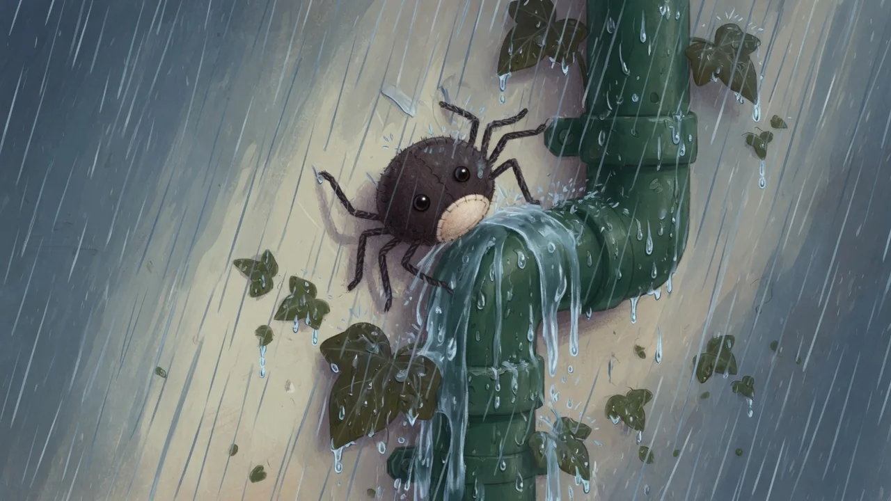 Rain washes the spider from the water spout.