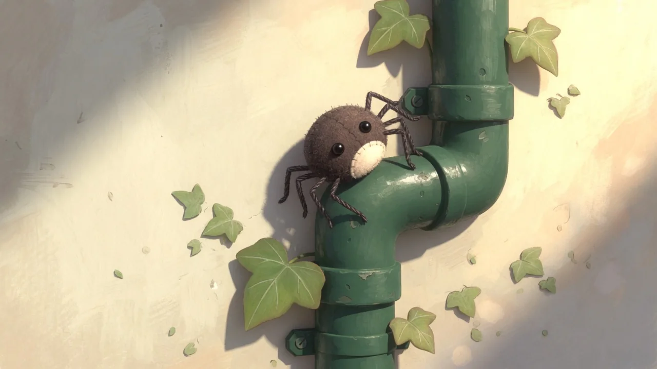 The spider climbs the water spout in sunshine.