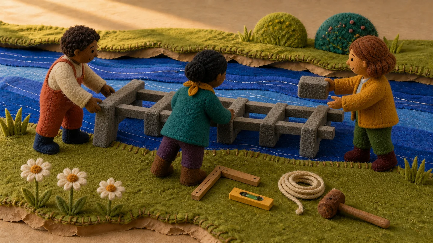 The builders begin rebuilding the bridge.
