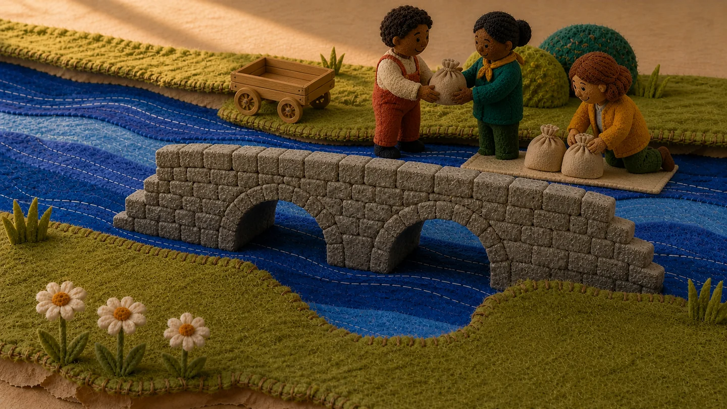 The builders unload sacks from a cart beside the completed stone bridge.