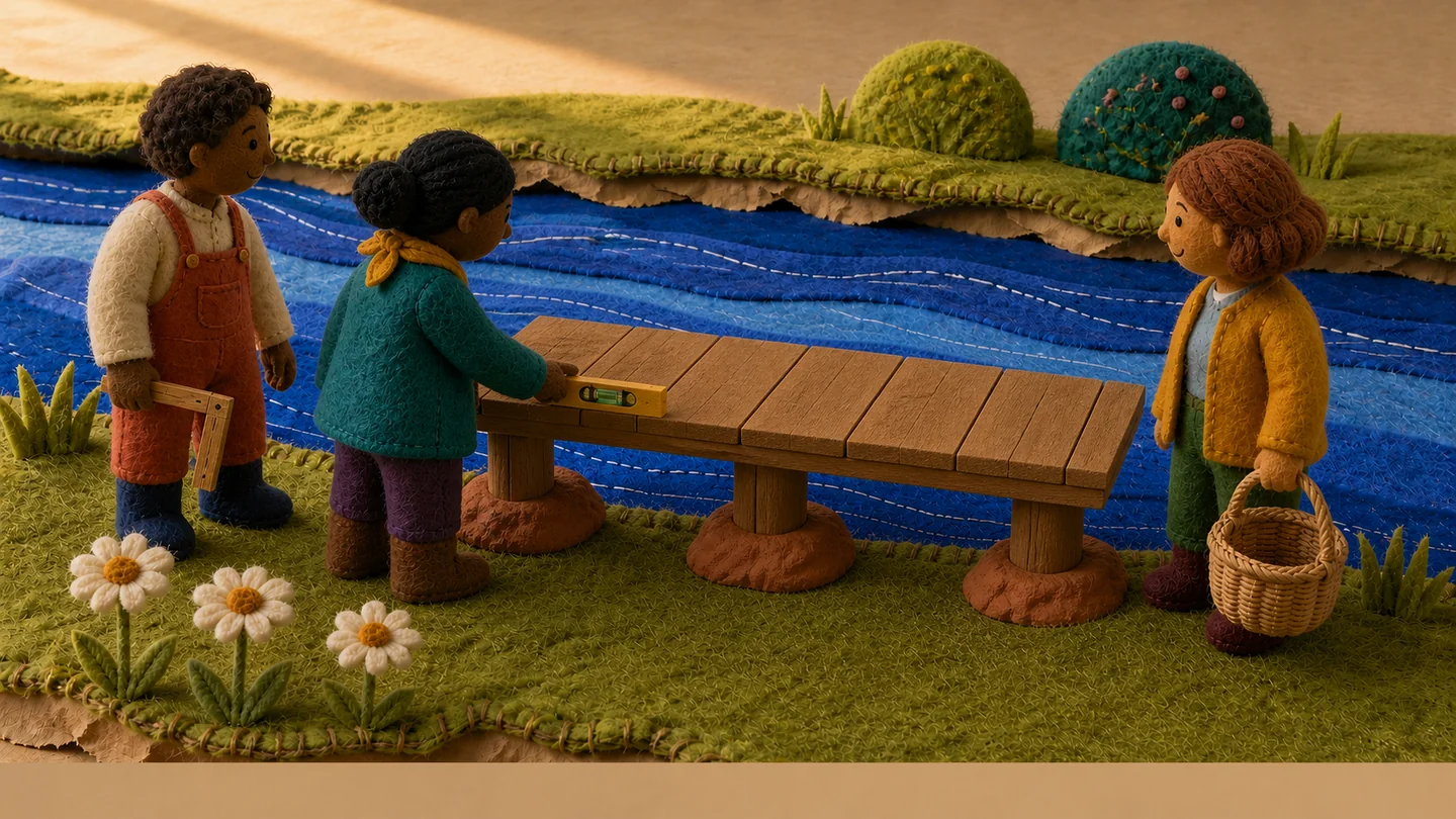 The builders make a bridge with wood and clay.