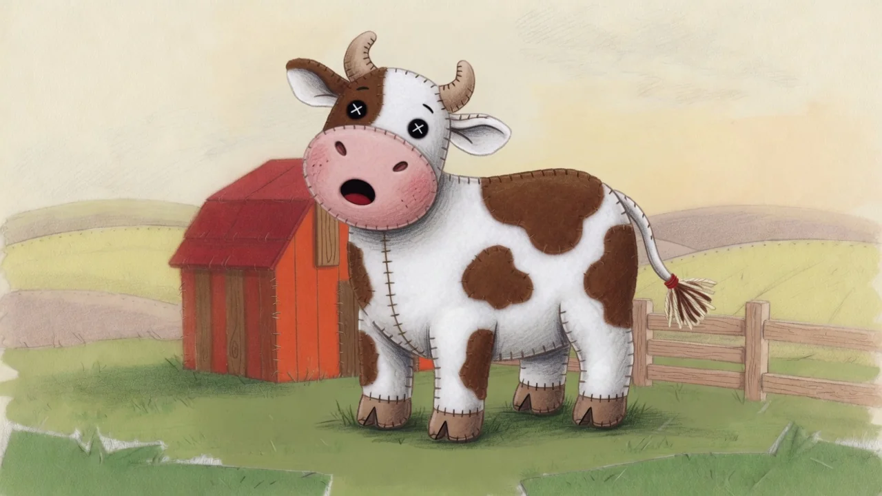 A felt cow on Old MacDonald’s farm.
