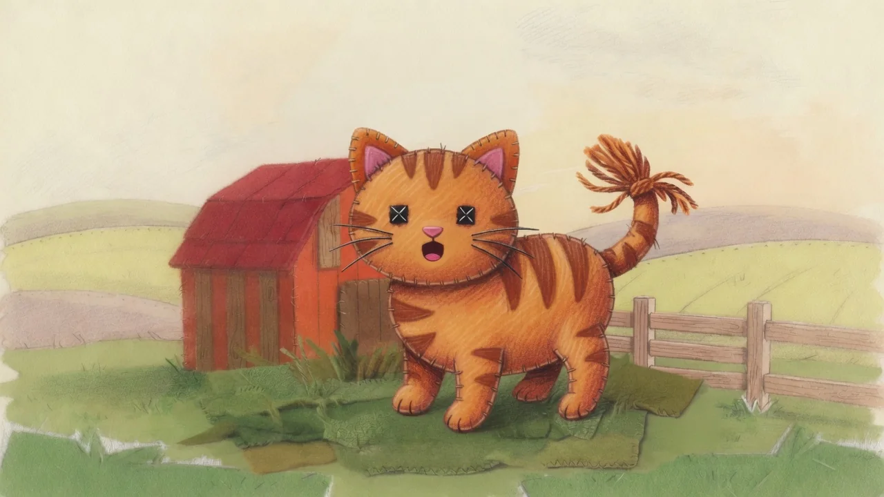 A felt cat on Old MacDonald’s farm.