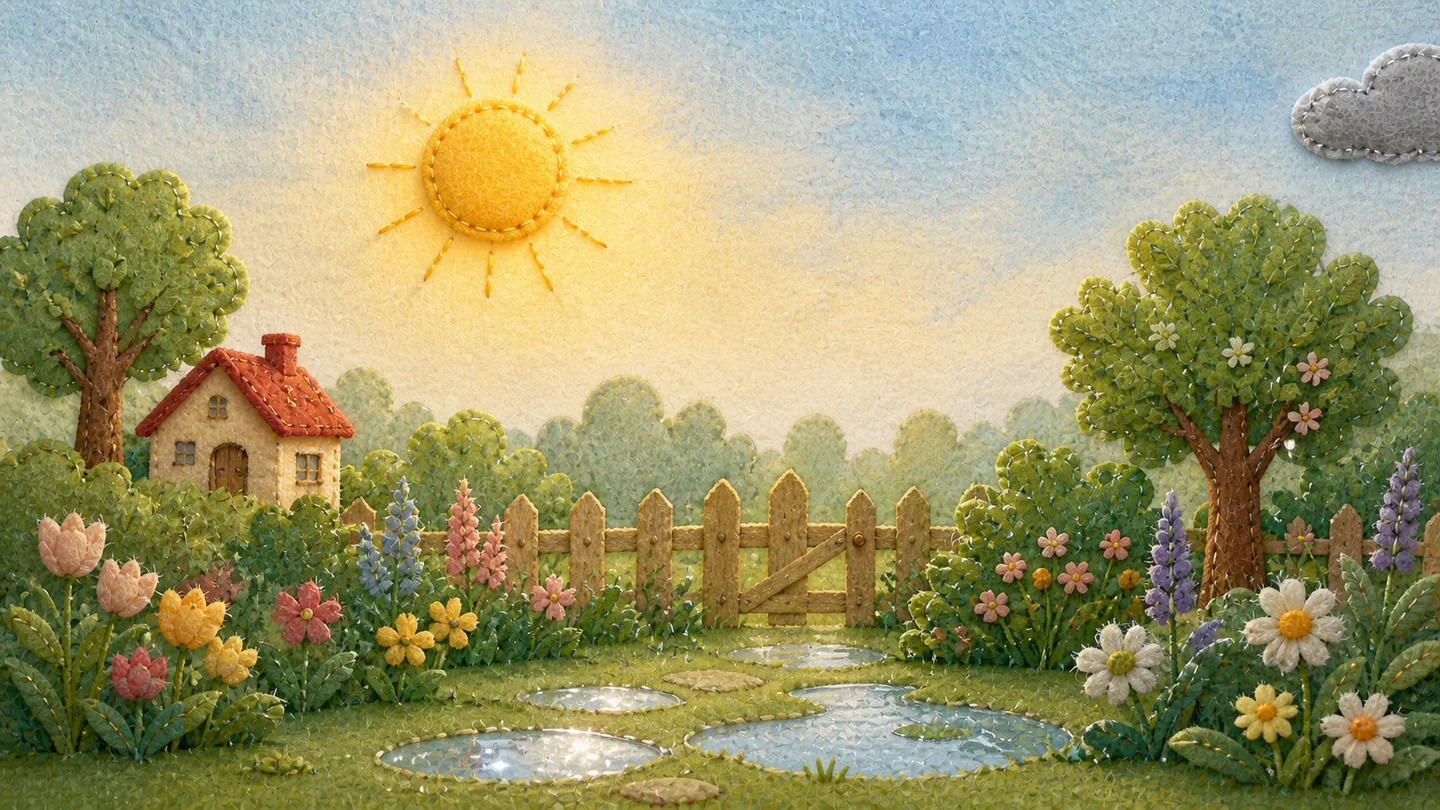 Sunshine brightens the garden after the rain.