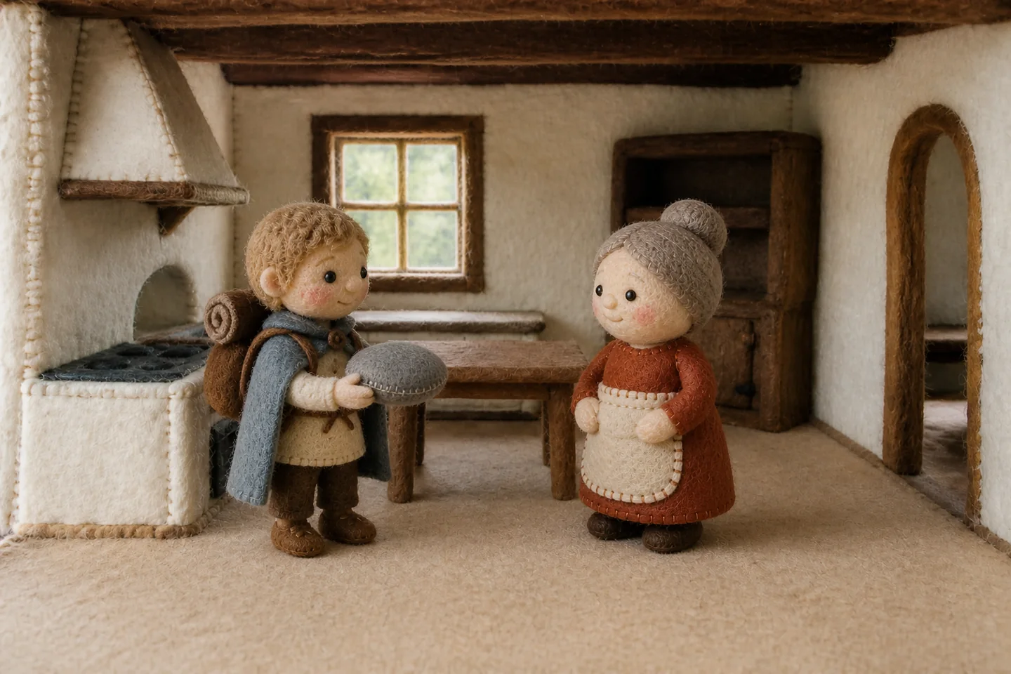 The traveller shows a smooth stone to the cook inside her cottage.