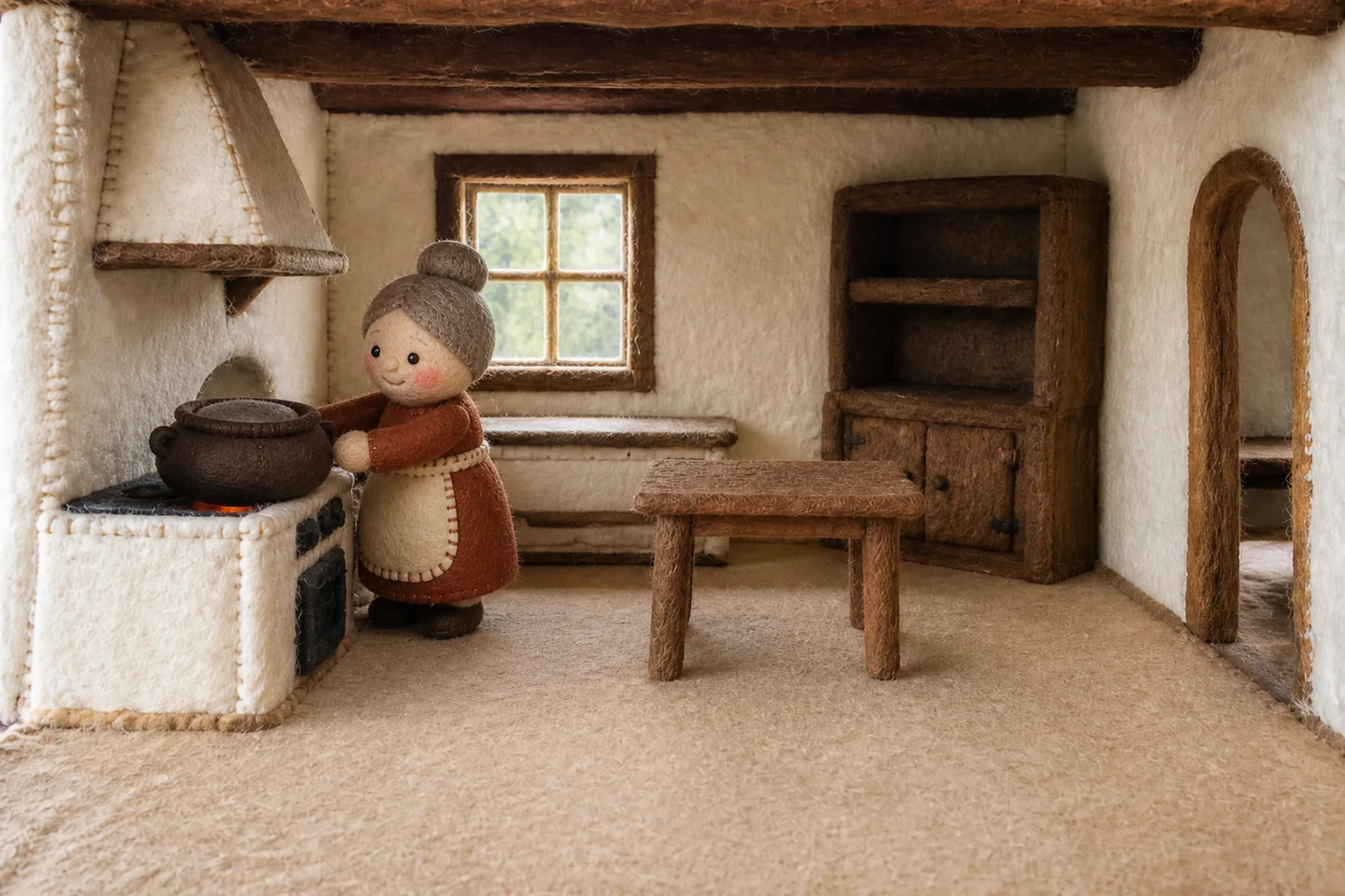 The cook stands beside the pot on the cottage stove.