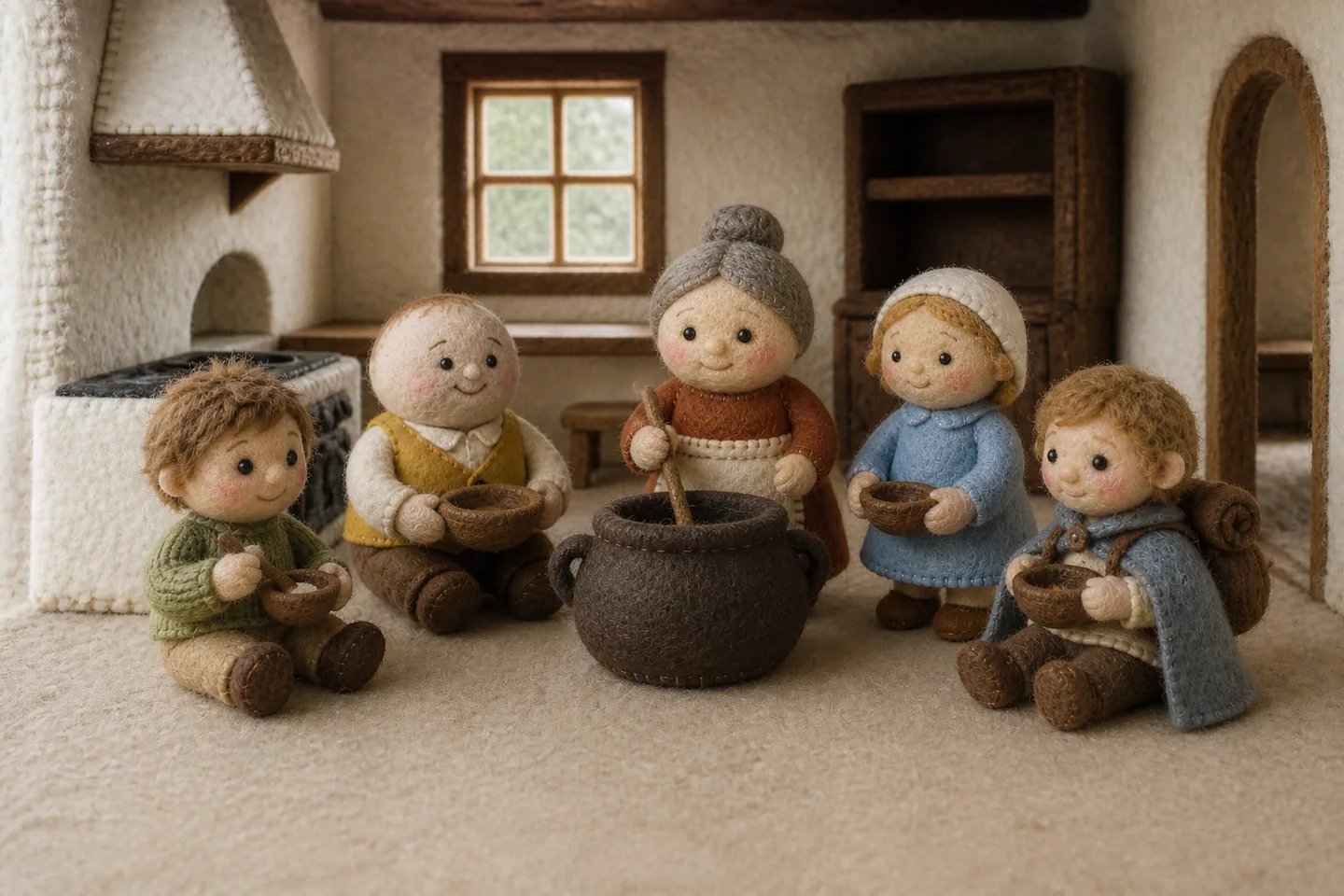 The traveller, cook and neighbours sit together with bowls around the soup pot.