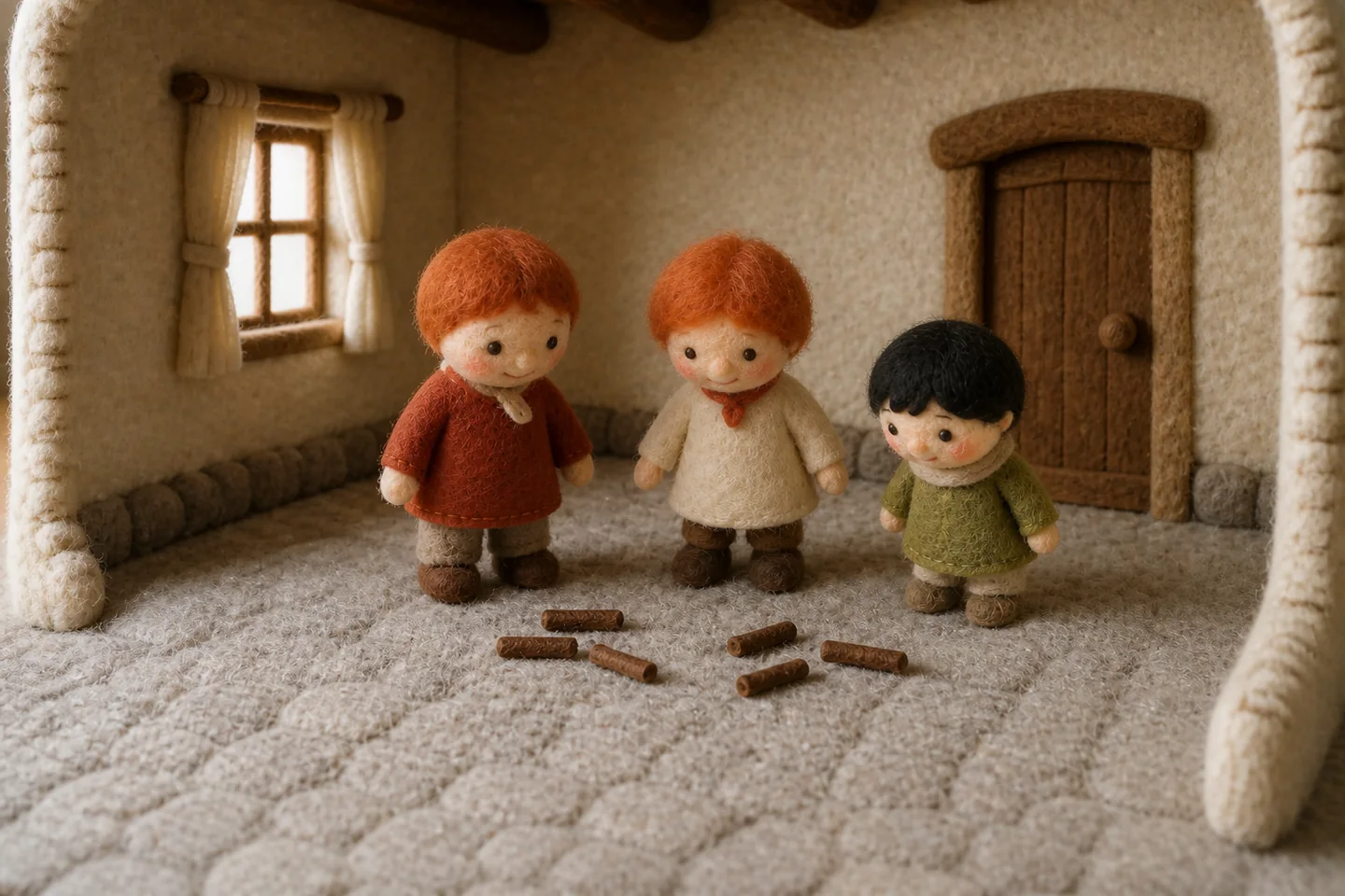 The three children look at the separate broken sticks.