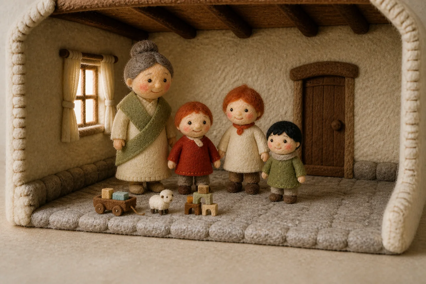 The parent and three children stand close together in their cottage.