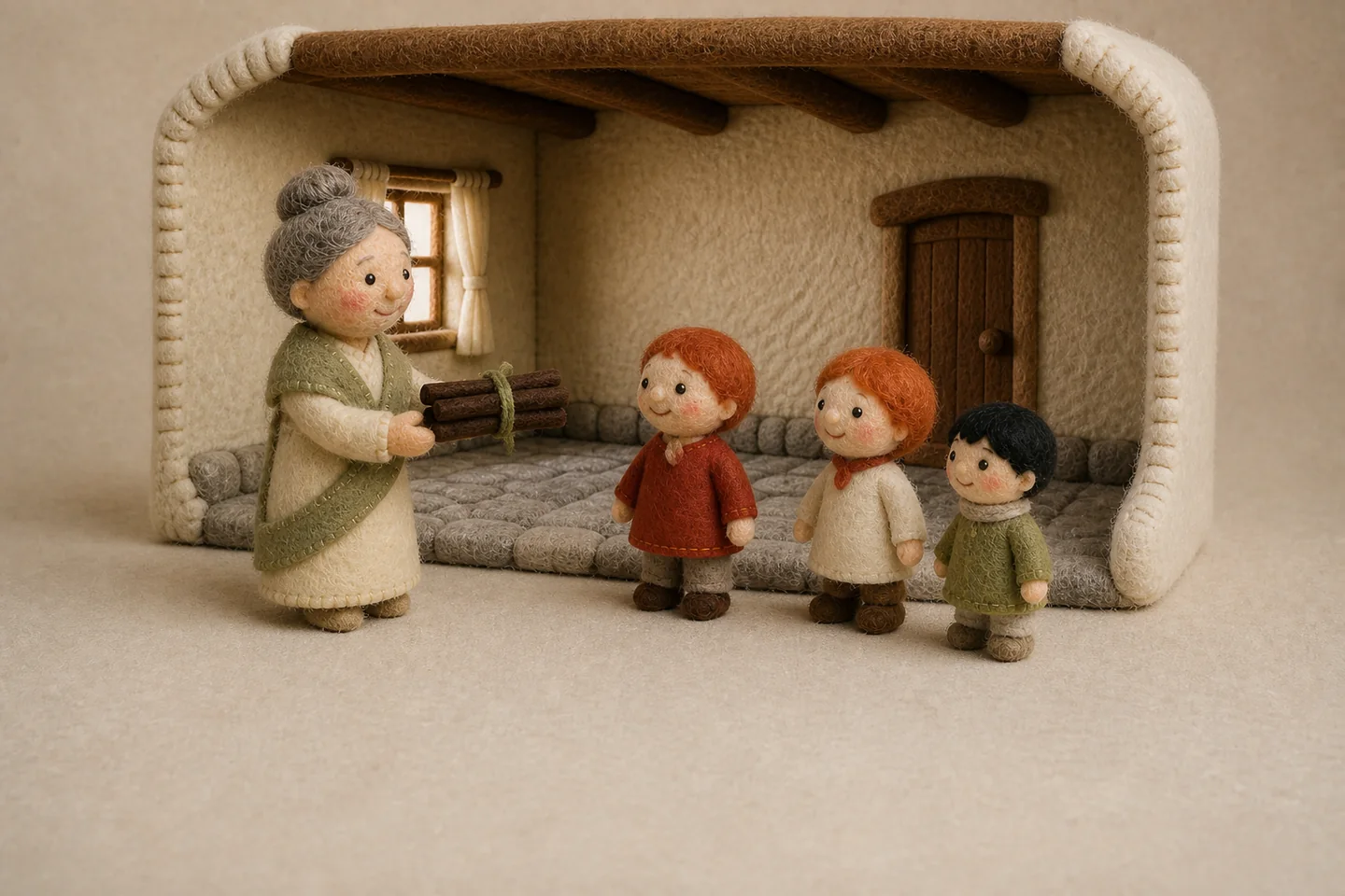 A parent offers a tied bundle of sticks to three children.