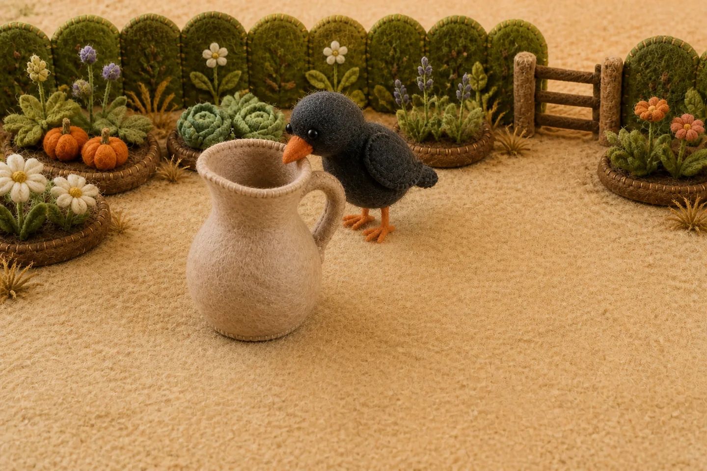 Crow looks into the tall pitcher in the garden.