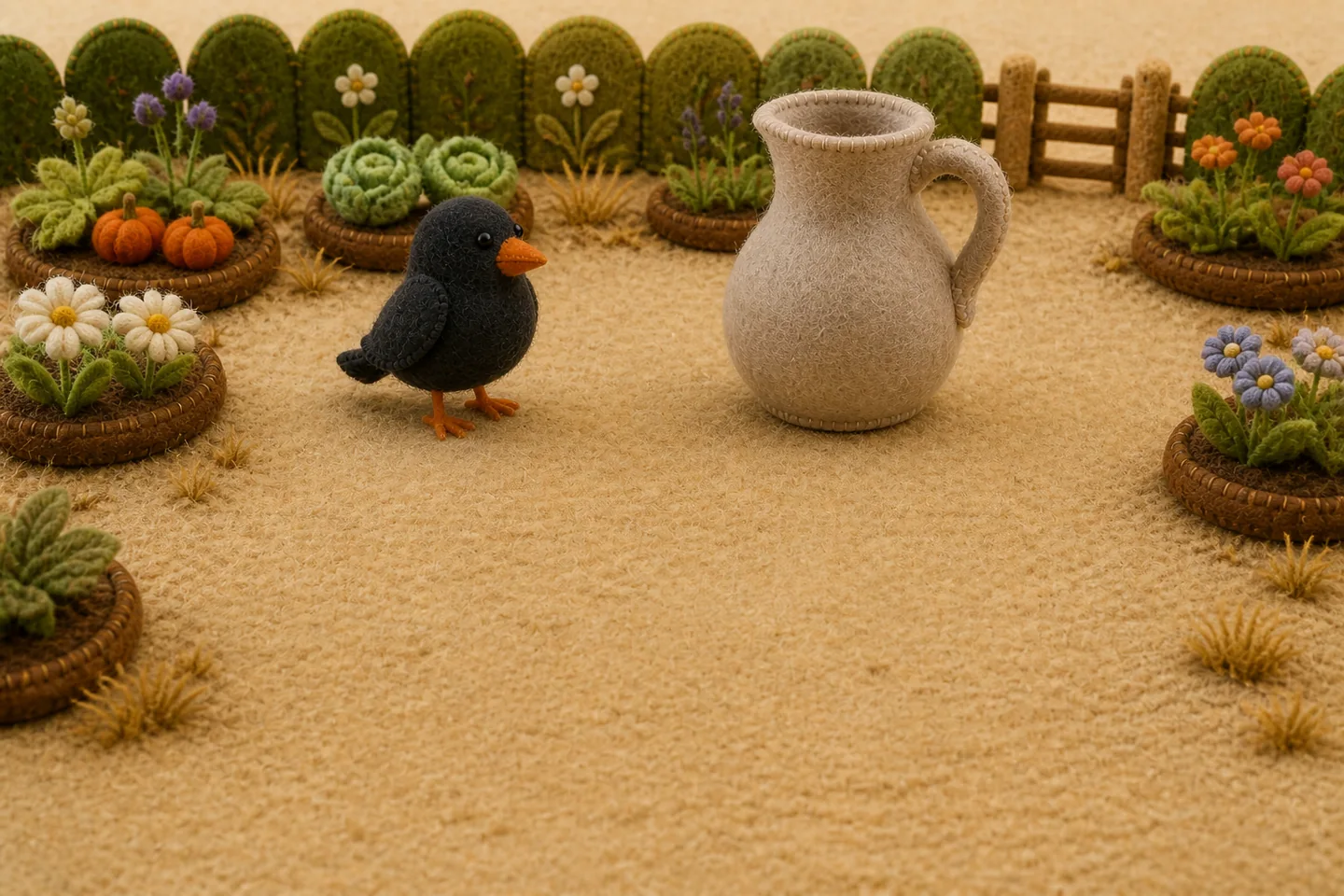 Crow pauses beside the pitcher.