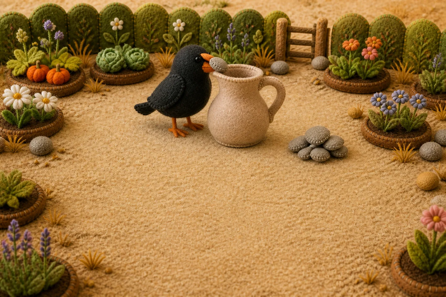 Crow lifts a pebble beside the pitcher, with more pebbles on the ground.