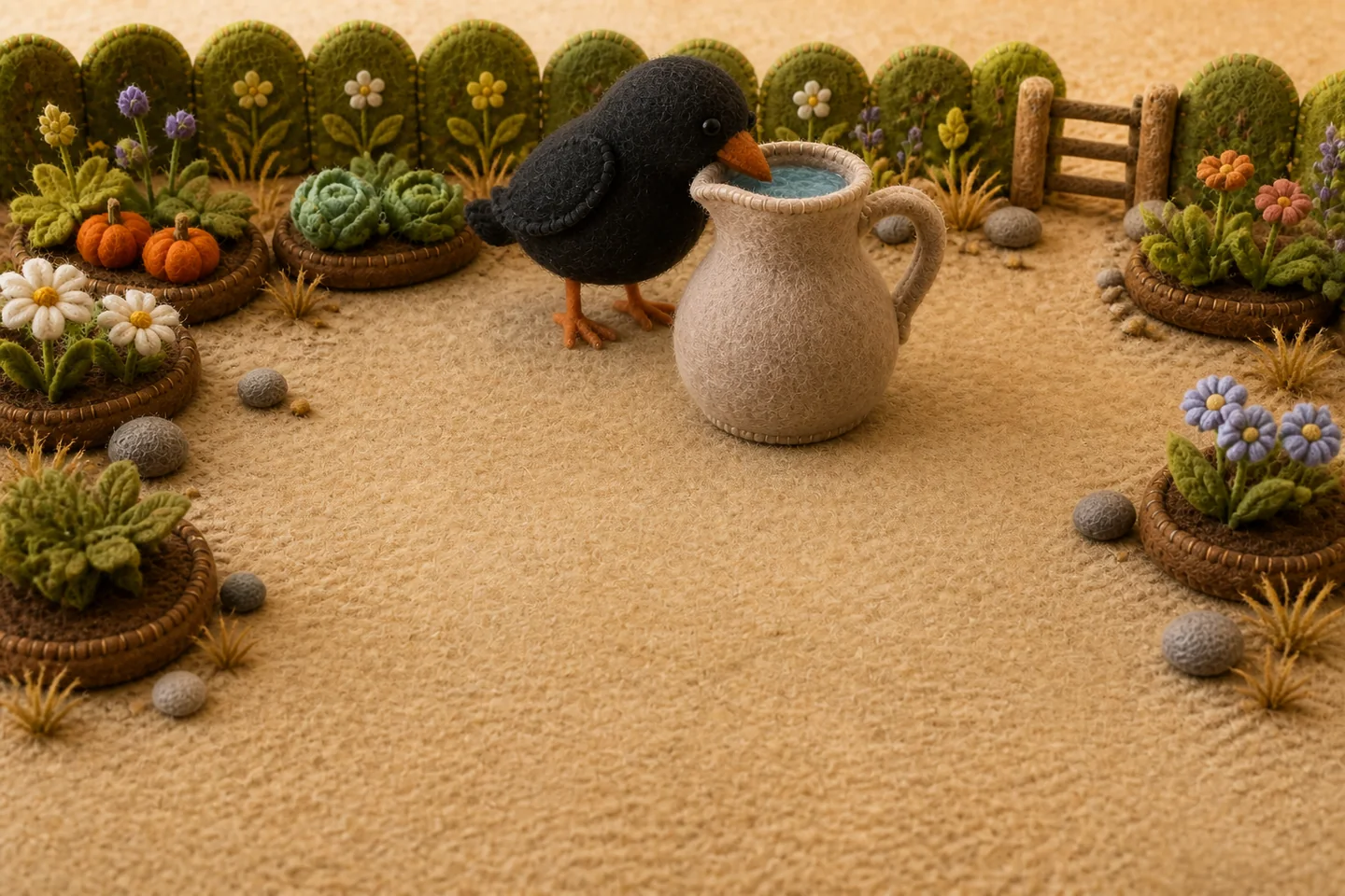 Crow drinks from the water near the top of the pitcher.