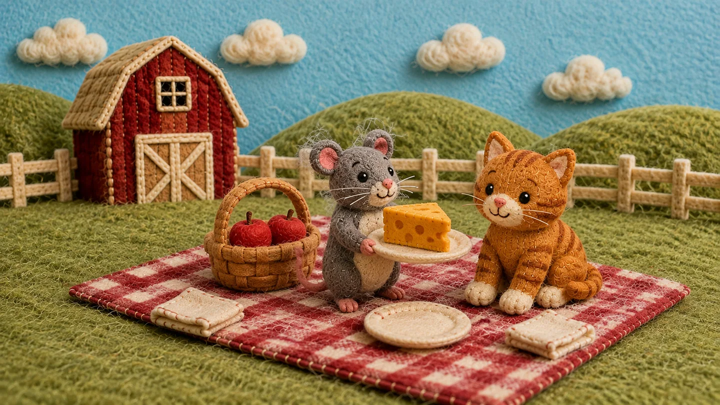 The rat holds a plate of cheese while the cat sits beside it.