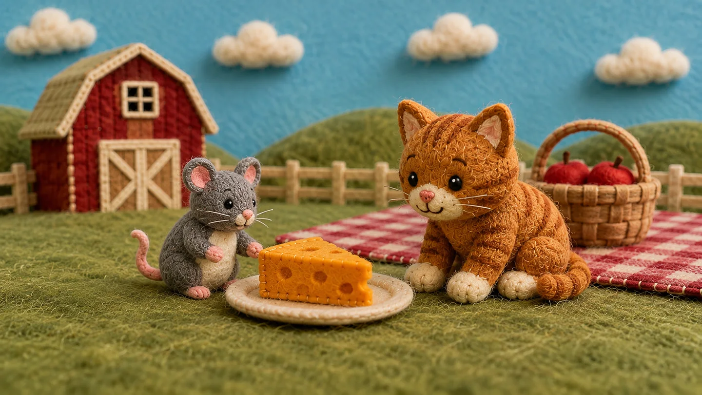 The rat and cat sit beside a plate of cheese.
