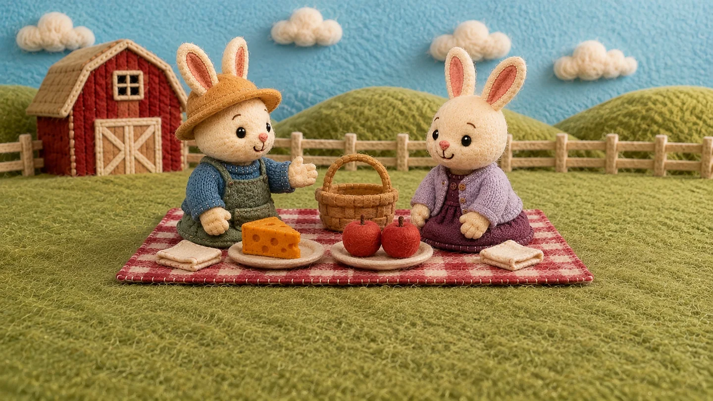 The farmer and his wife sit beside apples and cheese.