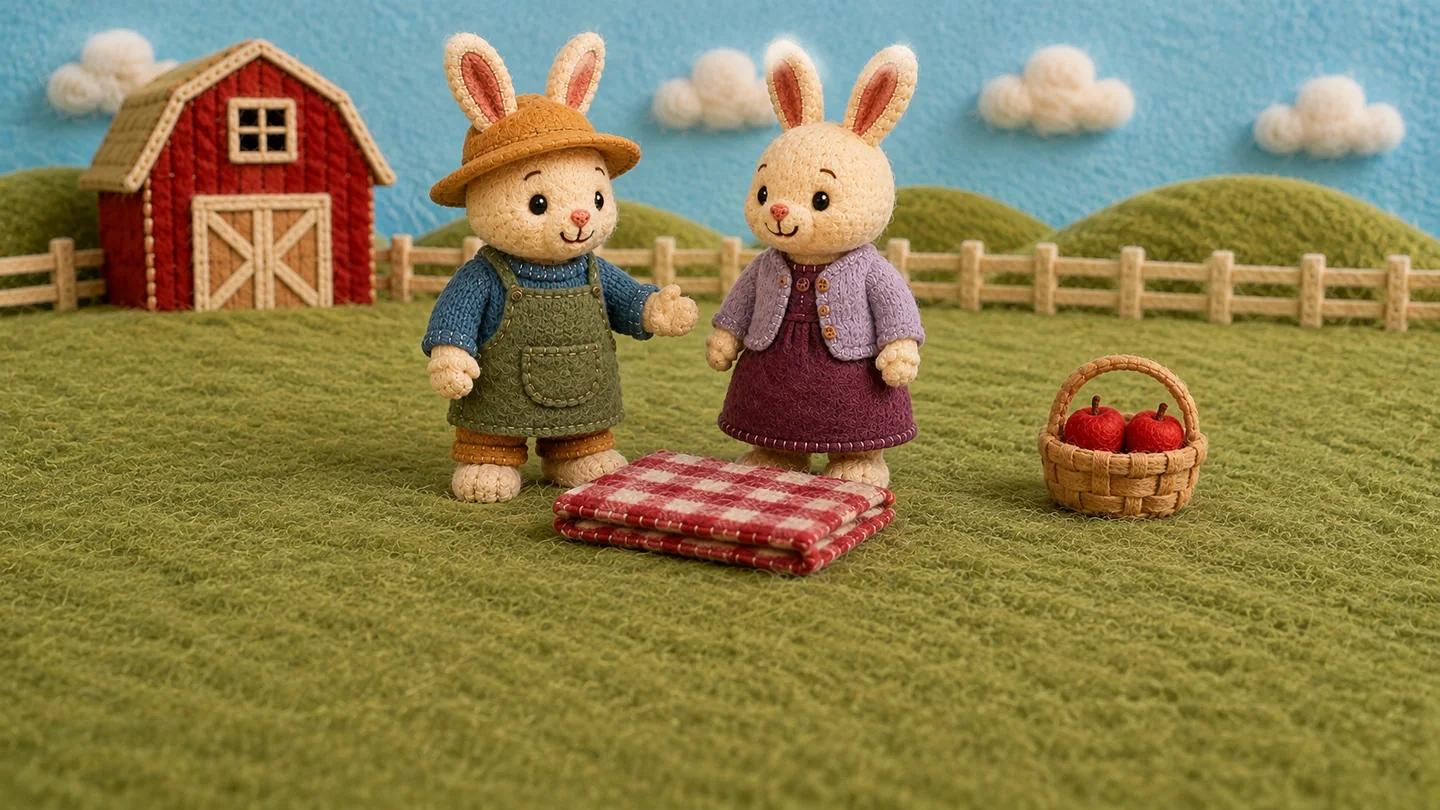 The farmer and his wife face each other beside the blanket.