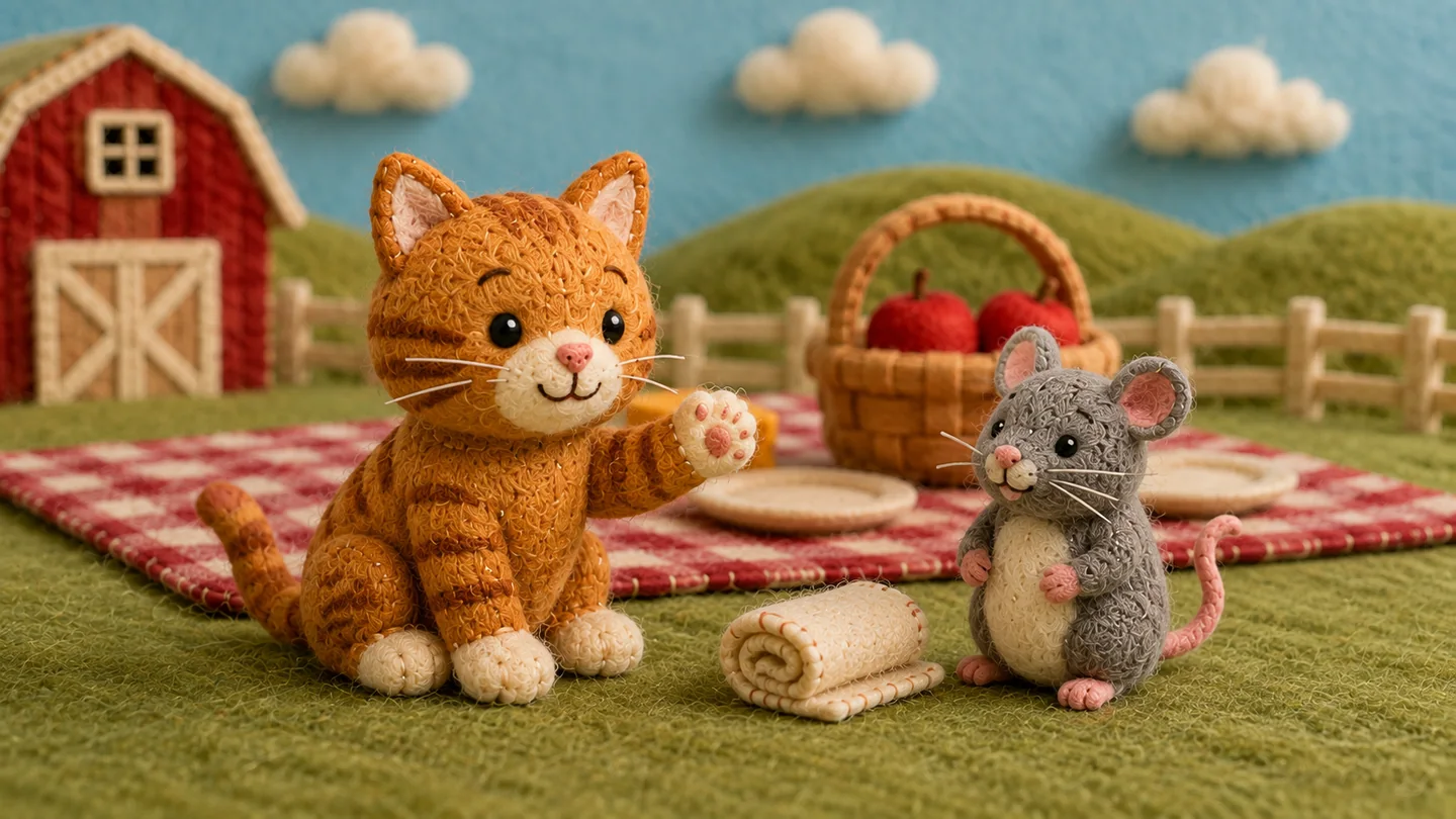 The cat raises a paw beside the little grey rat.