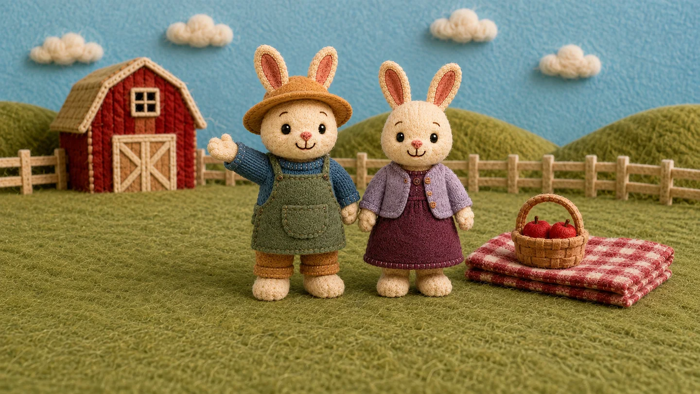 The rabbit farmer and his wife stand beside a picnic blanket.