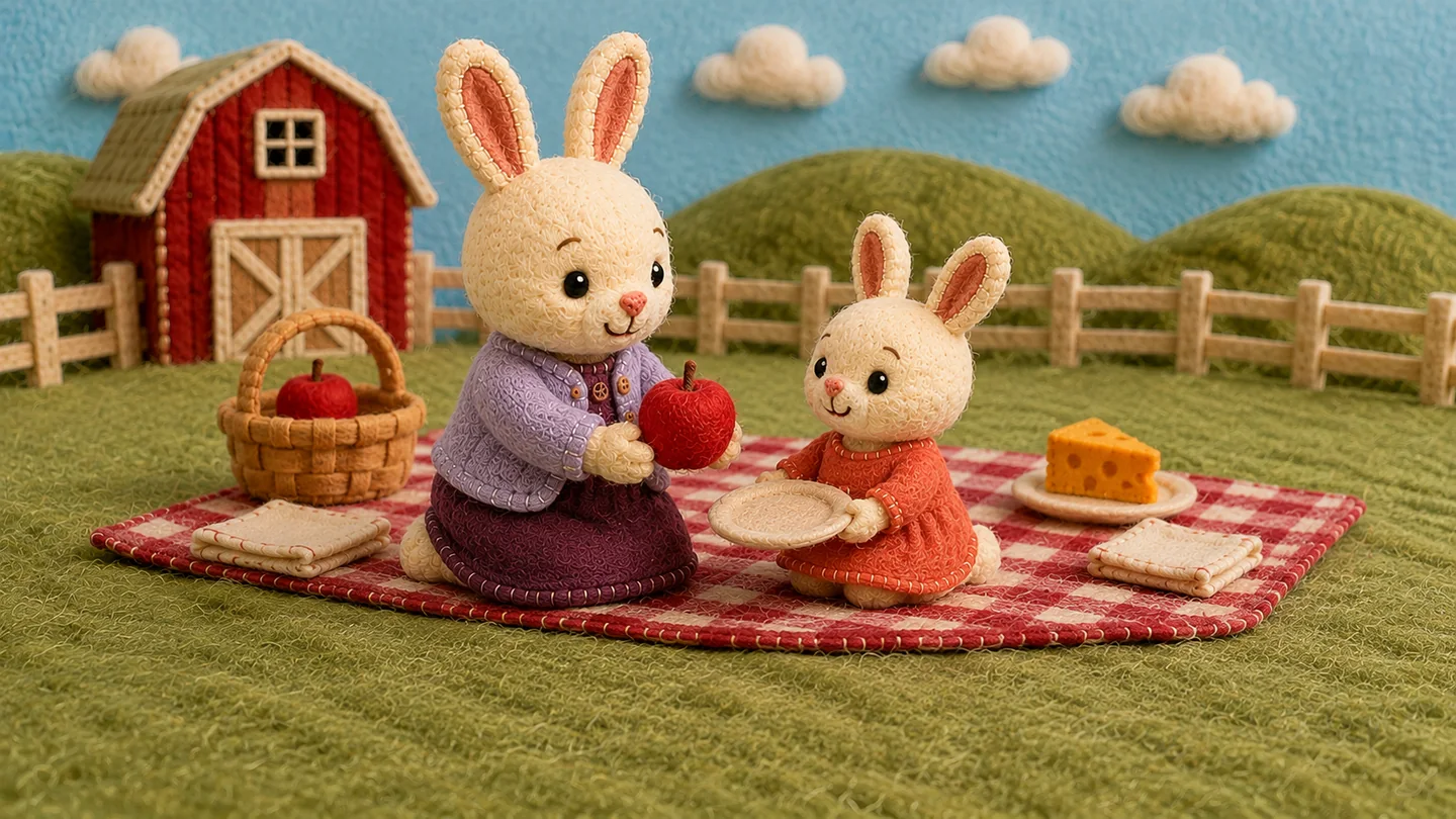 The mother holds an apple while the child holds a plate.
