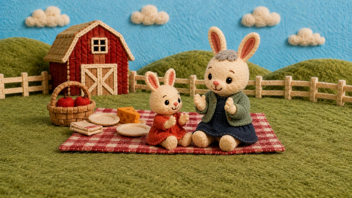 The child and caregiver sit together on the picnic blanket.