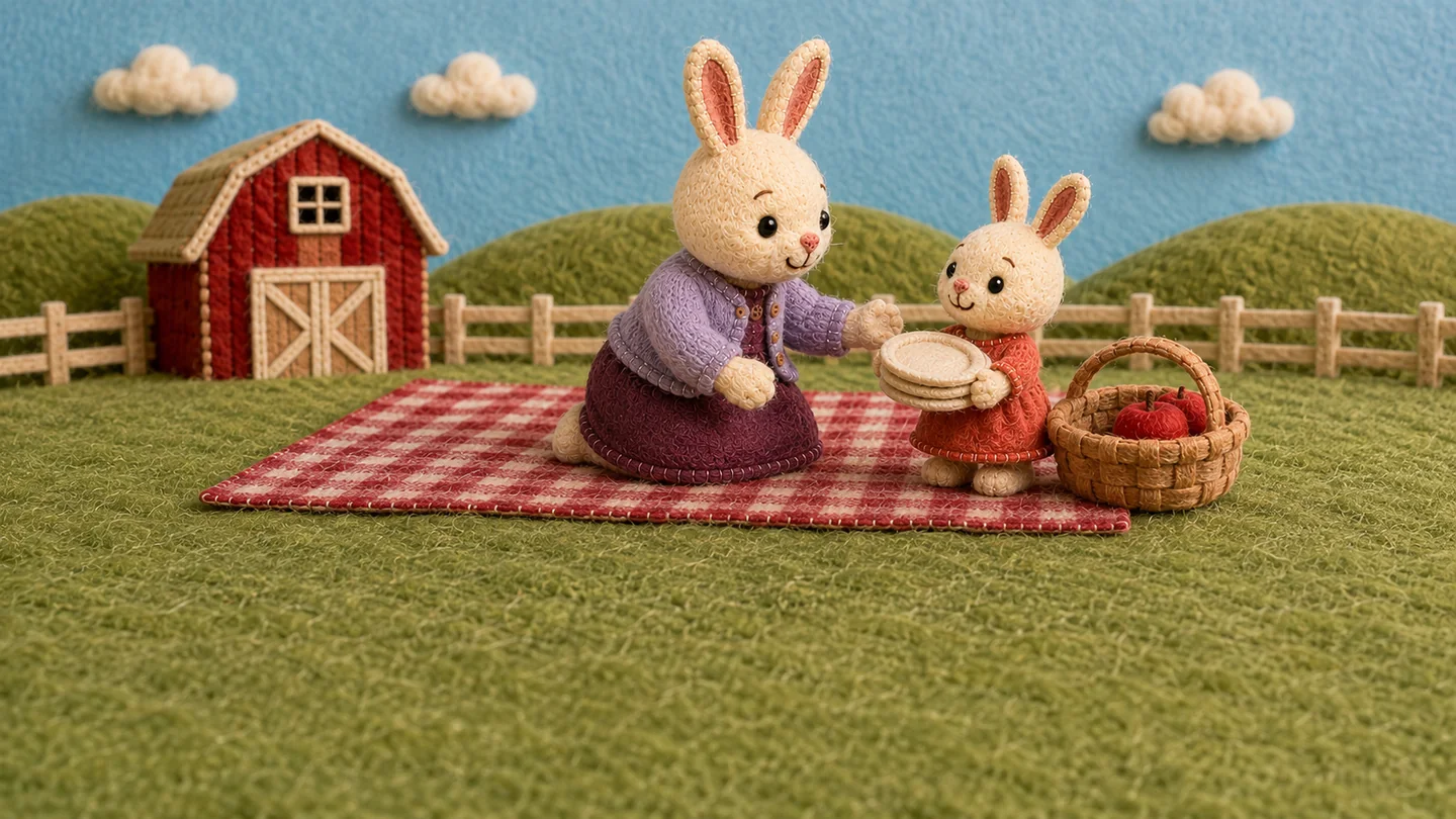 The mother and child hold plates on the picnic blanket.