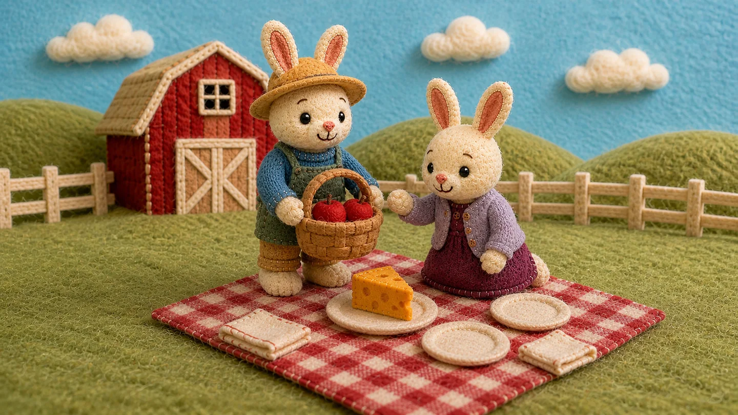 The farmer and his wife hold a basket above their picnic blanket.