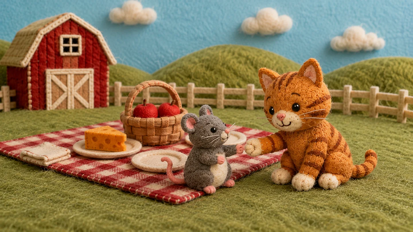 The cat and rat sit beside the picnic blanket.