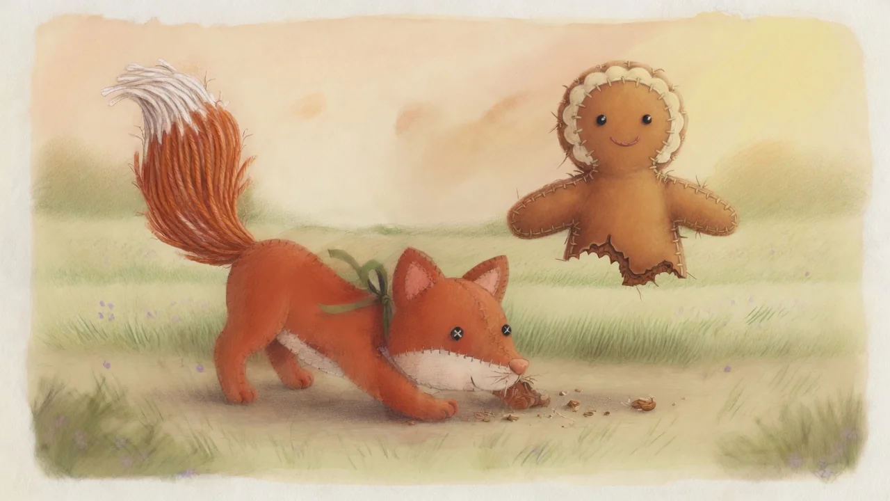 Fox and the partly eaten gingerbread boy, with crumbs on the grass.