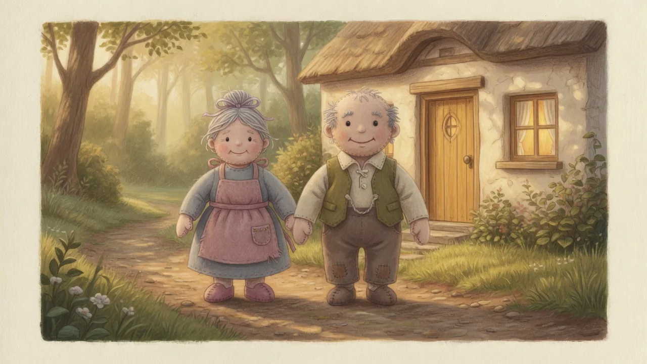 The little old man and little old woman stand beside their cottage.