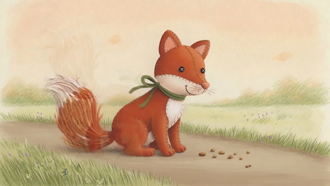Fox sits beside crumbs on the woodland path after the chase.
