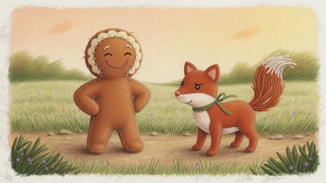 The gingerbread boy meets Fox beside the path.