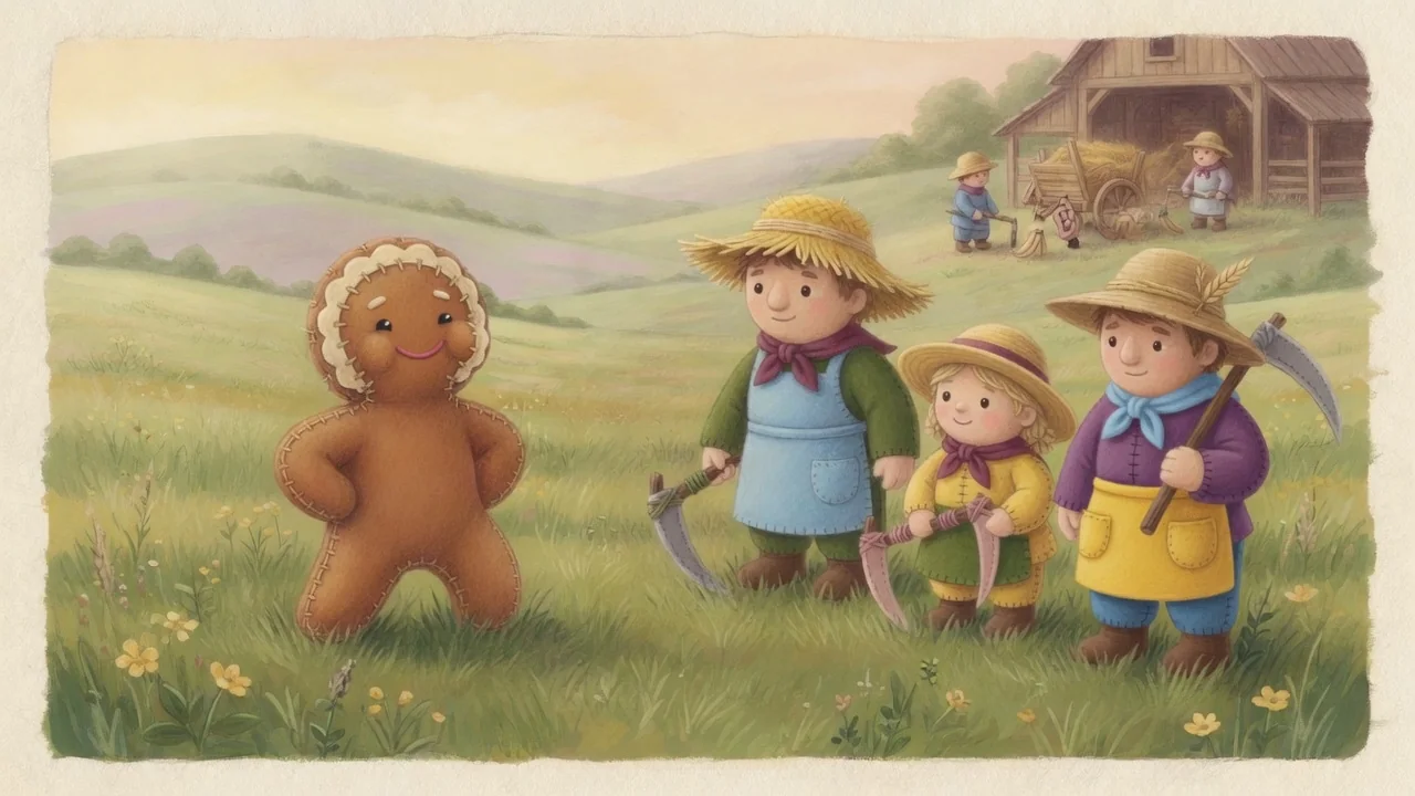 The gingerbread boy calls out to workers in a field.