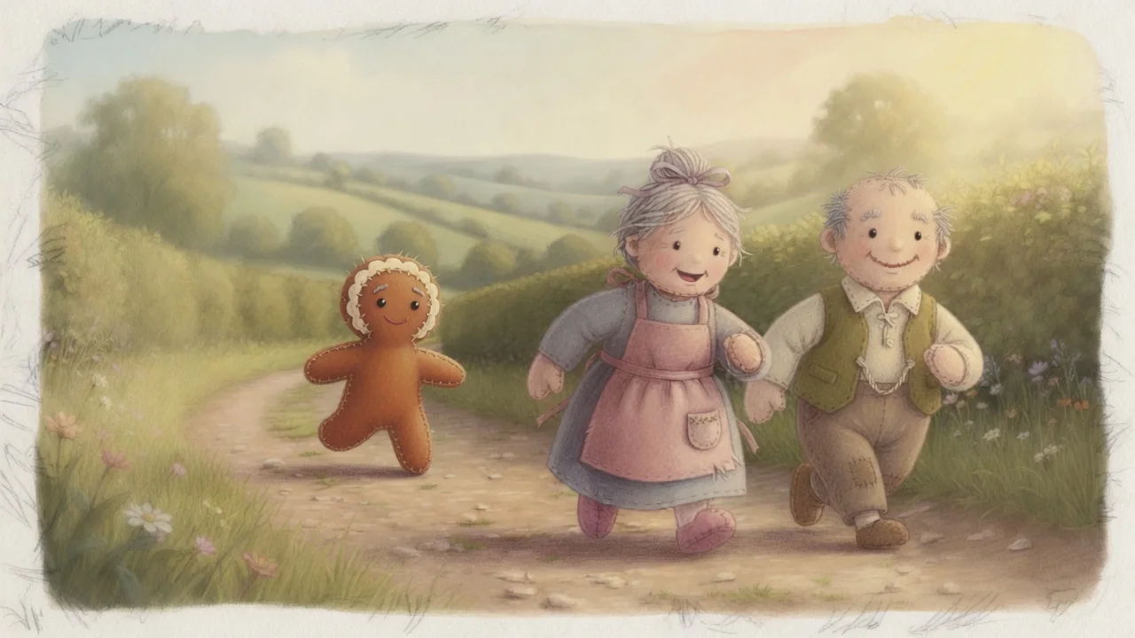 The old couple run after the gingerbread boy.