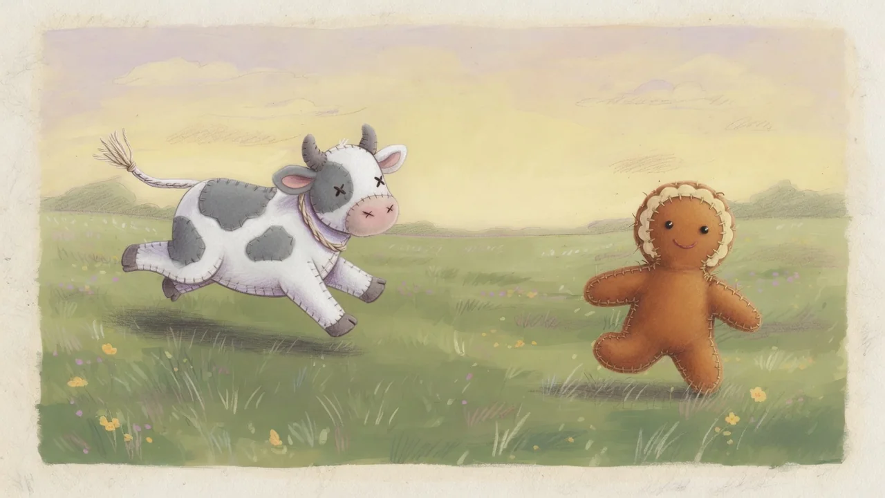 Cow chases the gingerbread boy along the path.