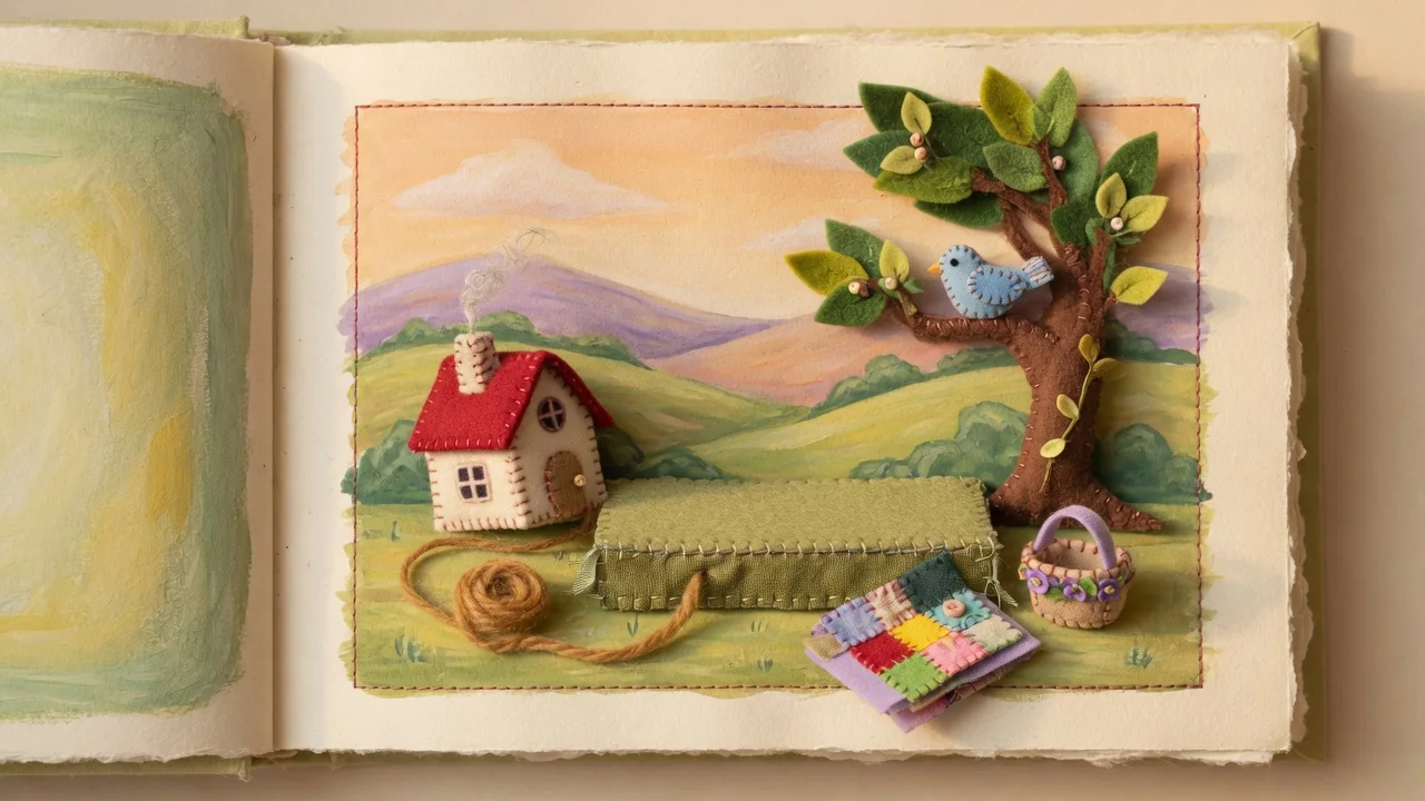 An open illustrated storybook shows a cottage and a woodland landscape.